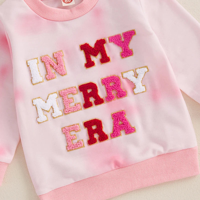 0-3Y Baby Girl Christmas Sweatshirt - Tie-Dye Print Letter Embroidery Long Sleeve Pullovers Top