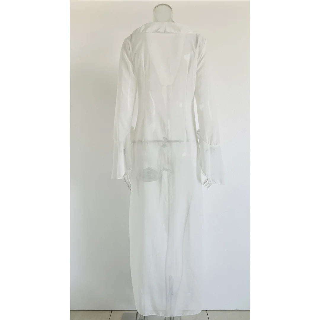 V Neck Ruffled Long Sleeve Chiffon Beach Cover Up Dress