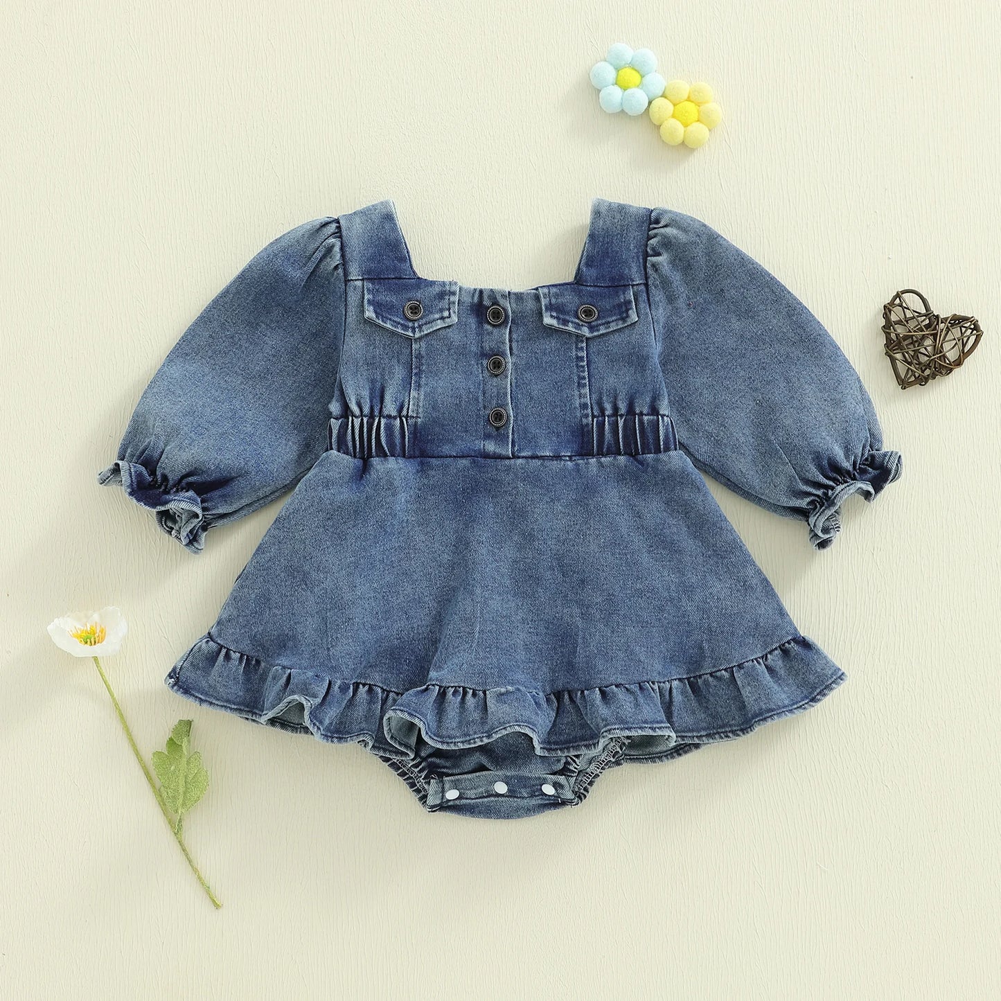 Baby Girls Denim Romper Dress - Square Neck Lantern Long Sleeve Bodysuit (0-24M)