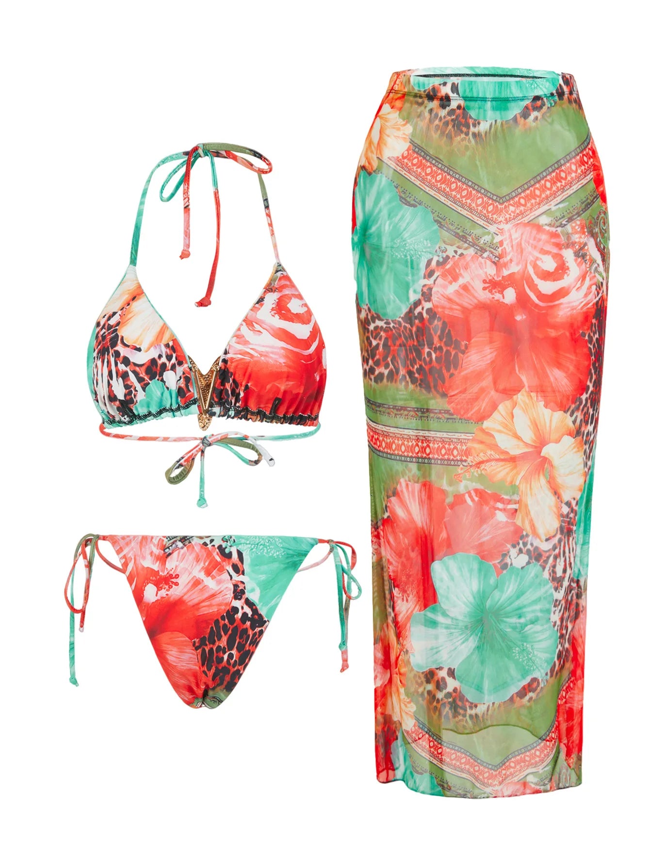 3-Pack Leopard Print Bikini Set with Cover-Up Skirt