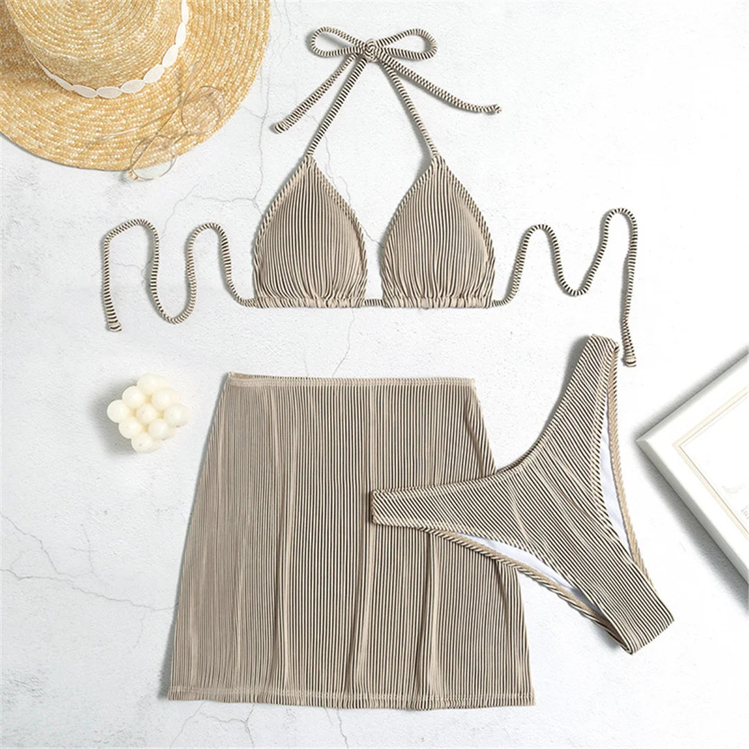 4 Colours With Skirt Ribbed Three-pieces Halter Bikini Set