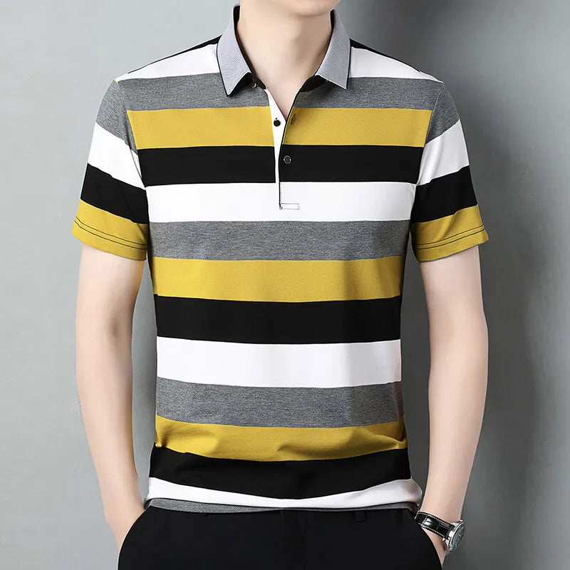 Men's Summer Striped Smart Casual  Short Sleeve Turn Down Collar Slim Fit Polo Shirt