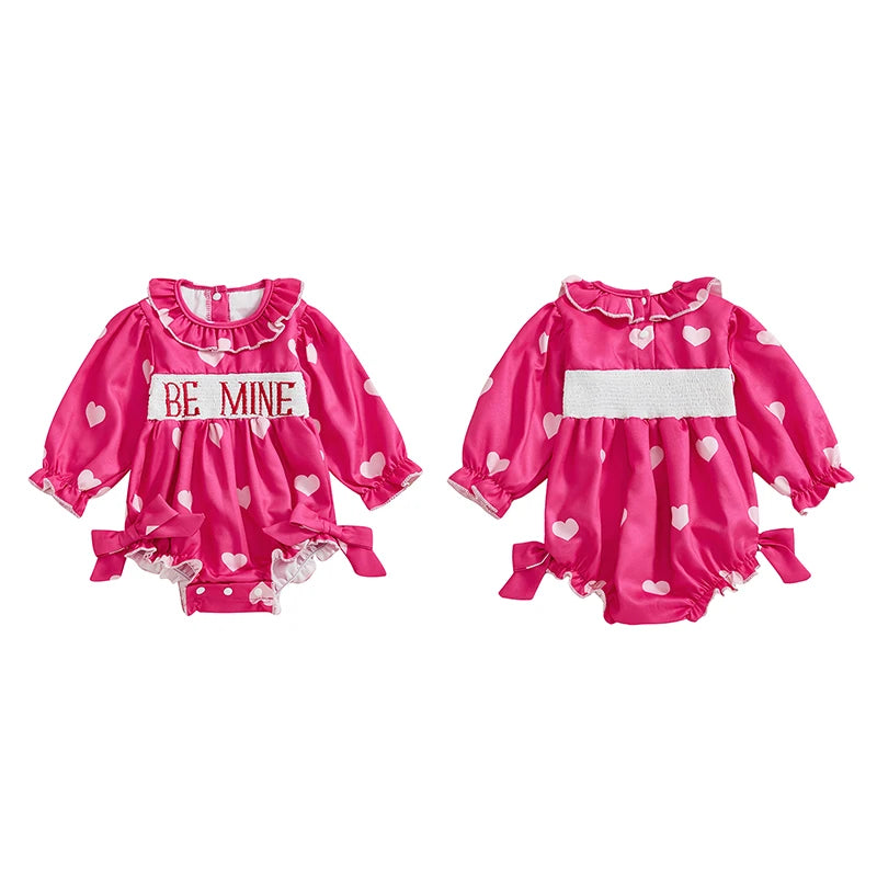 Baby Girls Valentine's Day Romper - Heart Print with Letter Embroidery & Bow (0-24M)