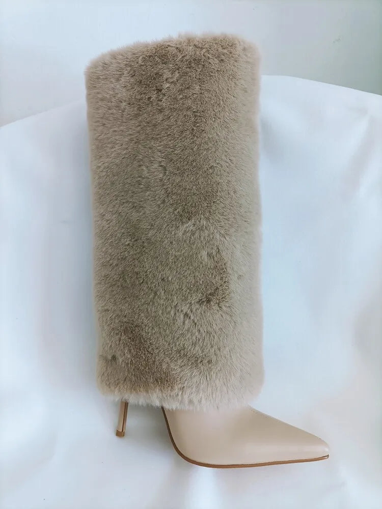 Women's Wedge Leather Mid-Calf Boots - 10cm Heel Metal Buckle Boots