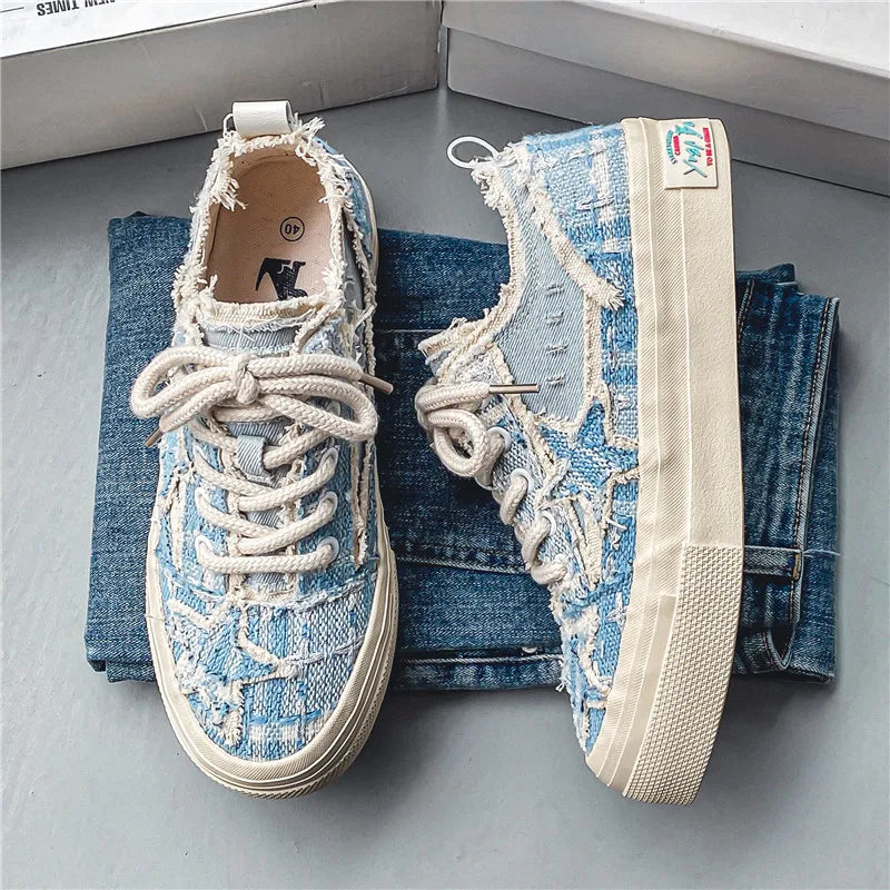 Men's Casual Denim Sneakers - Stars Platform Skateboard Shoes