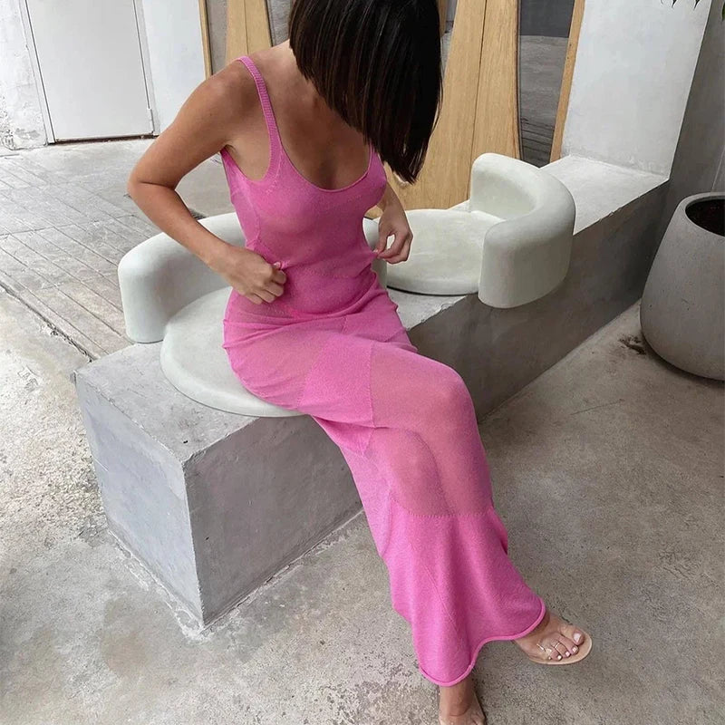 Women's Elegant Knitted See Through Beachwear Maxi Sleeveless Backless Dress