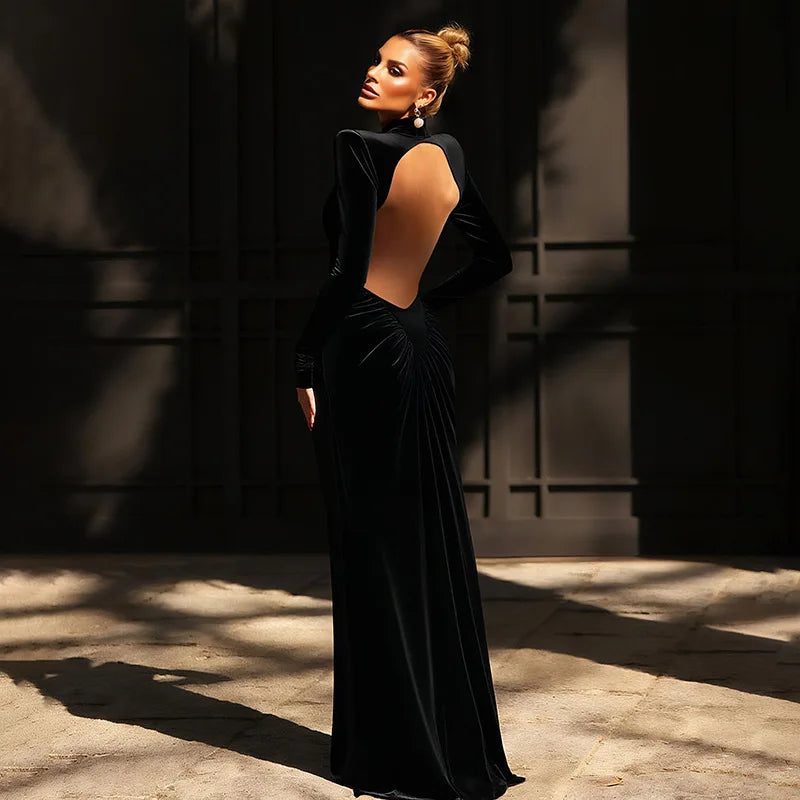 Women's Ruched Long Sleeve Maxi Dress - Elegant Backless Evening Gown