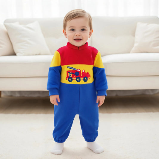 Infant Baby Boys Fall Winter Fleece Romper - Contrast Color Truck Embroidery Mock Neck Jumpsuit