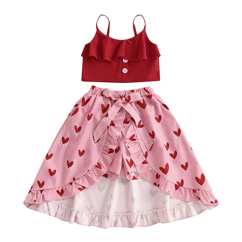 3-6Y Kids Girls Clothes Set Outfit Heart Print Sleeveless Camisole Low Ruffles Skirt Shorts Set
