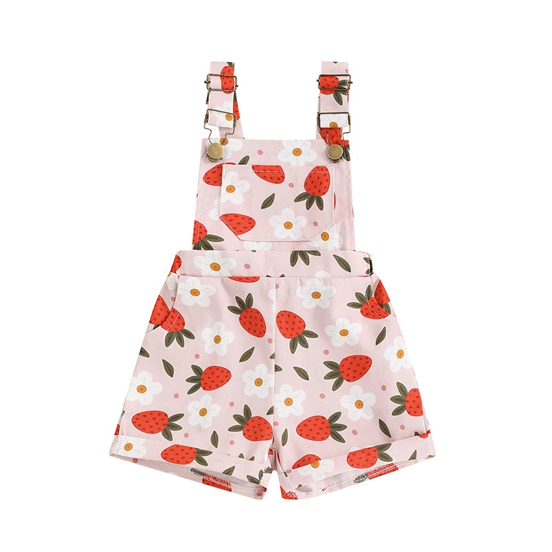 Kids Girls Overalls Shorts 0-6Y Sleeveless Straps Strawberry/Flower Print Denim Button Pocket Jumpsuit