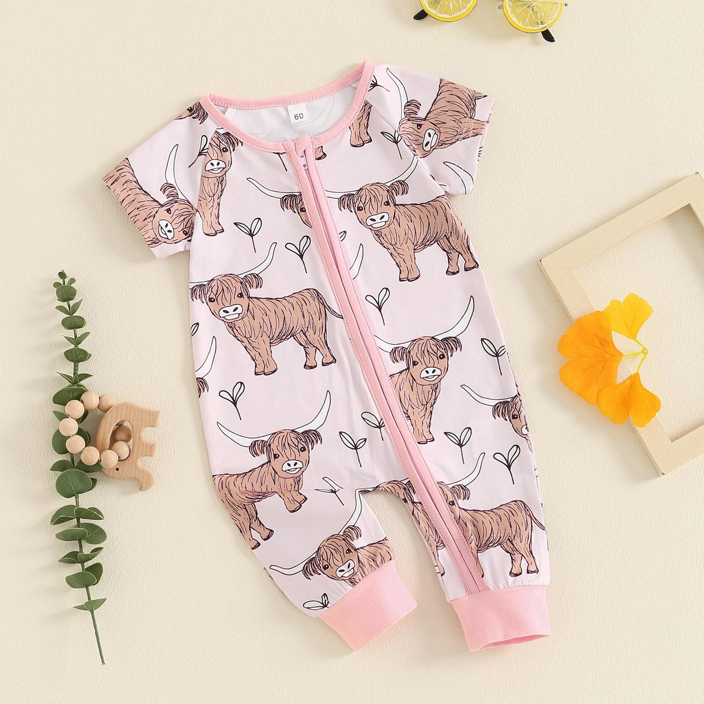 0-18M Infant Baby Girls Boys Western Romper Cow Cattle Print Short Sleeve Zip-Up Toddler Jumpsuits Clothes