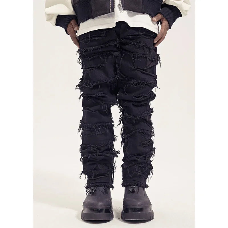 Men's Ripped Denim Straight Patchwork Baggy Jeans