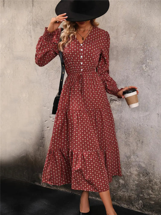 Women's Autumn Winter Long Sleeve Print V-neck Chiffon A-Line Knee Length High Waist Dress