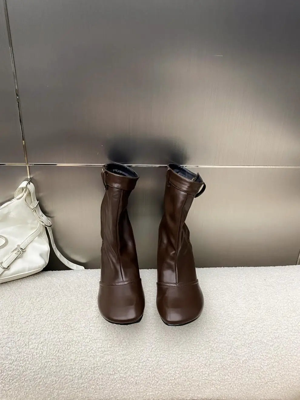 Round Toe Ankle Boots - Metal Button Detail with Side Zipper