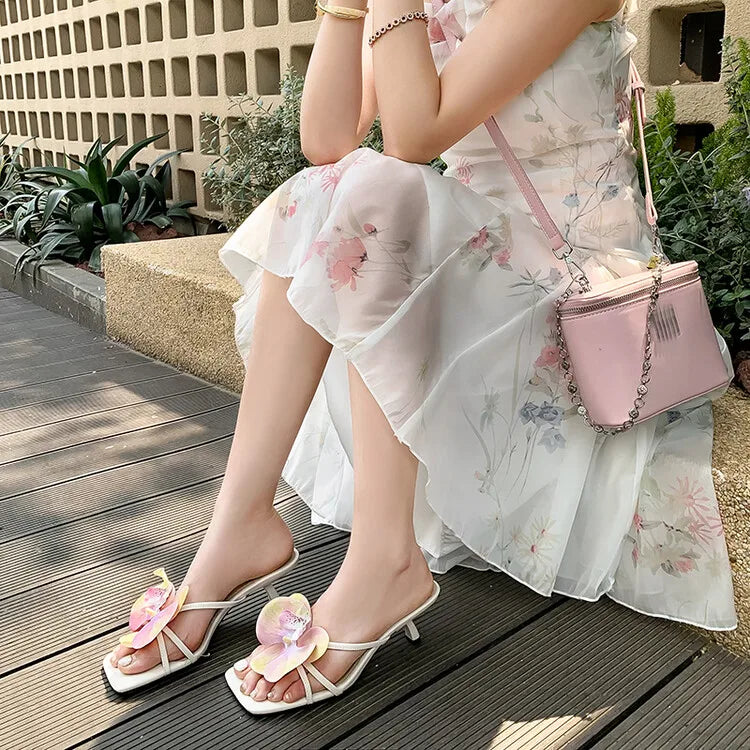 Women's 3D Flower Beach Slippers - Square Toe Heel Sandals