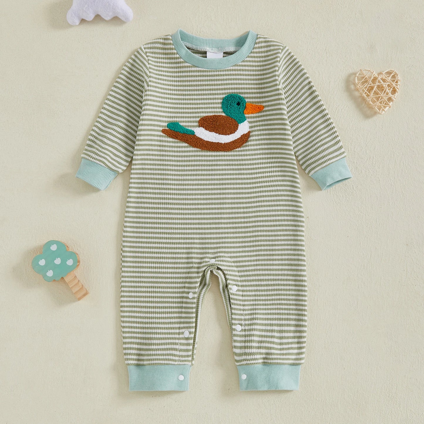 Baby Boys Striped Romper with Duck Embroidery - Long Sleeve Autumn Jumpsuit (0-18M)