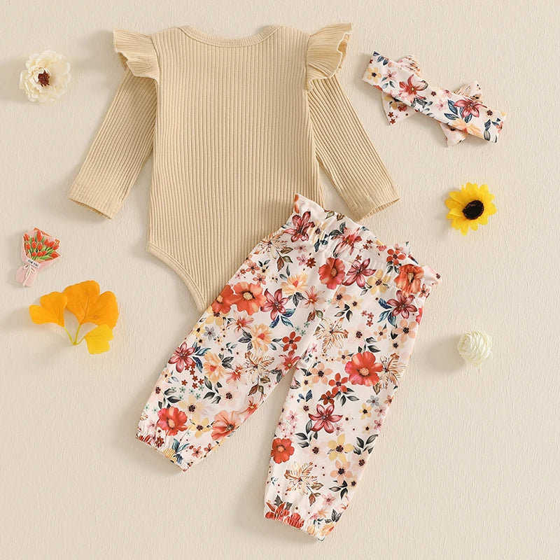 0-18M Baby Girls Fall Clothes Sets 3pcs Long Sleeve Ribbed Romper and Bow Front Pants and Headband