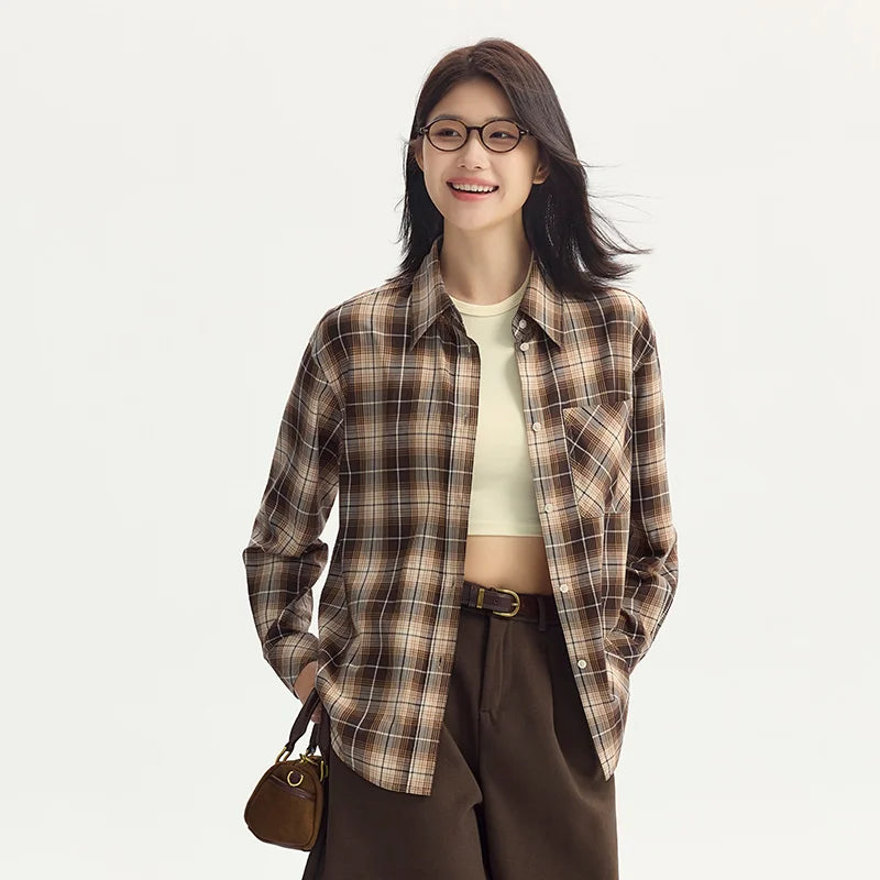 Oversized Drop Shoulder Plaid Shirt Loose Retro Casual Stylish Top