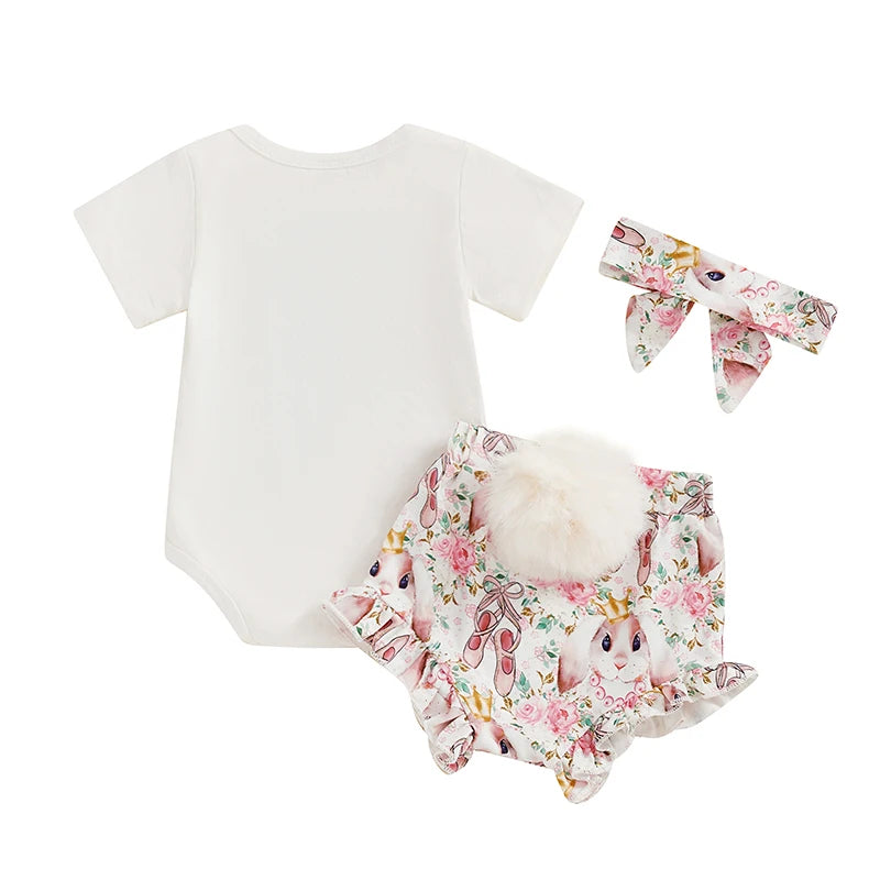 3pcs Baby Girls Easter Clothes Sets 0-18M Rabbit Print Short Sleeve Romper and Shorts Cute Headband