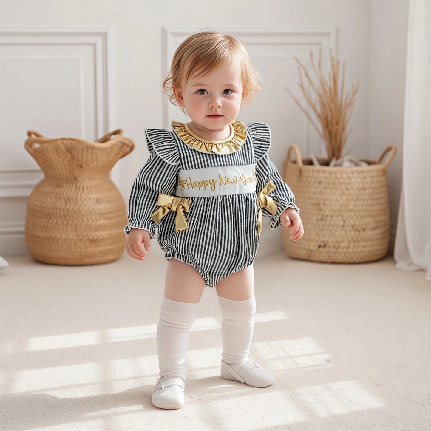 Baby Girls New Year Romper - Stripe Print Letter Embroidery Ruffled Jumpsuit