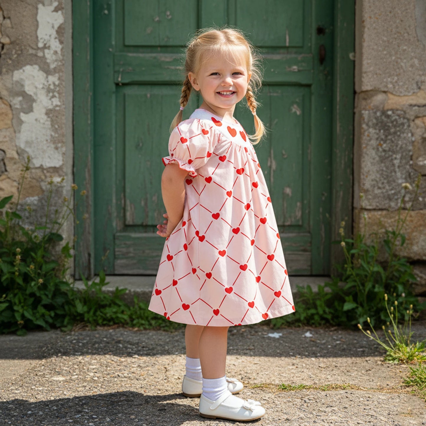 Little Girls Valentine's Day Short Sleeve Heart Embroidery Print A-Line Dress