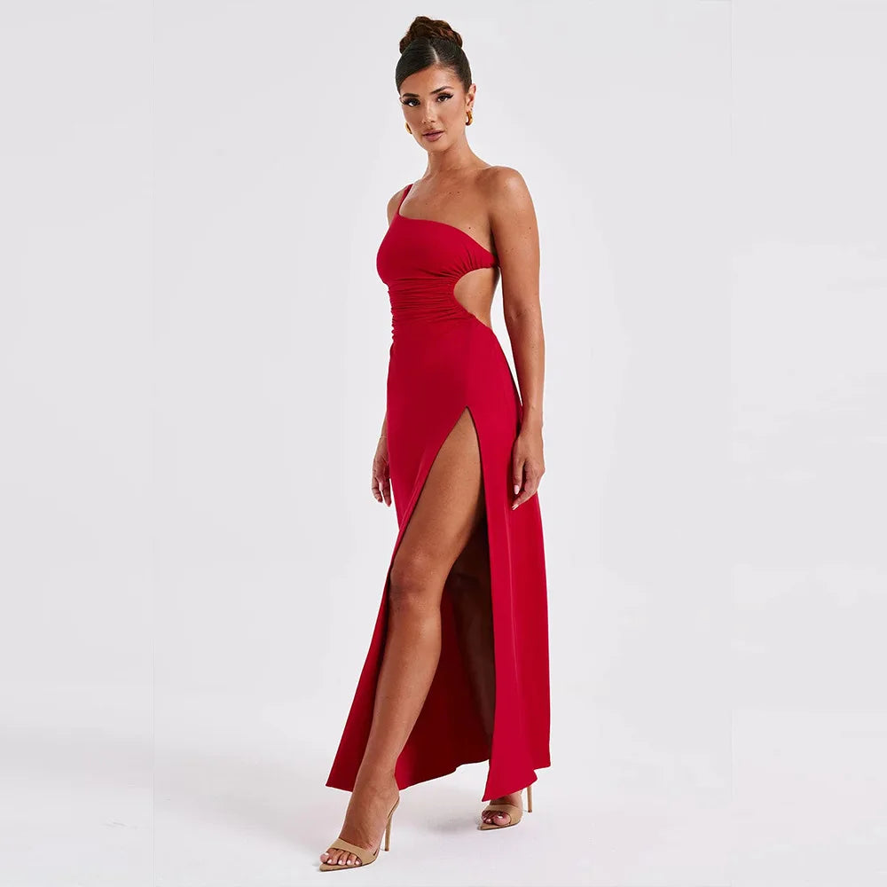 One Shoulder Split Maxi Dress - Women Backless Tie Detail Dress