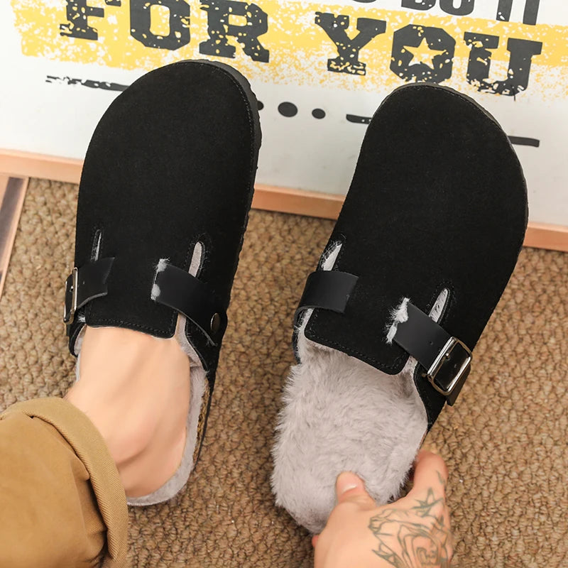 Winter Plush Slippers - Men's Warm Closed Toe Buckle Design Clogs