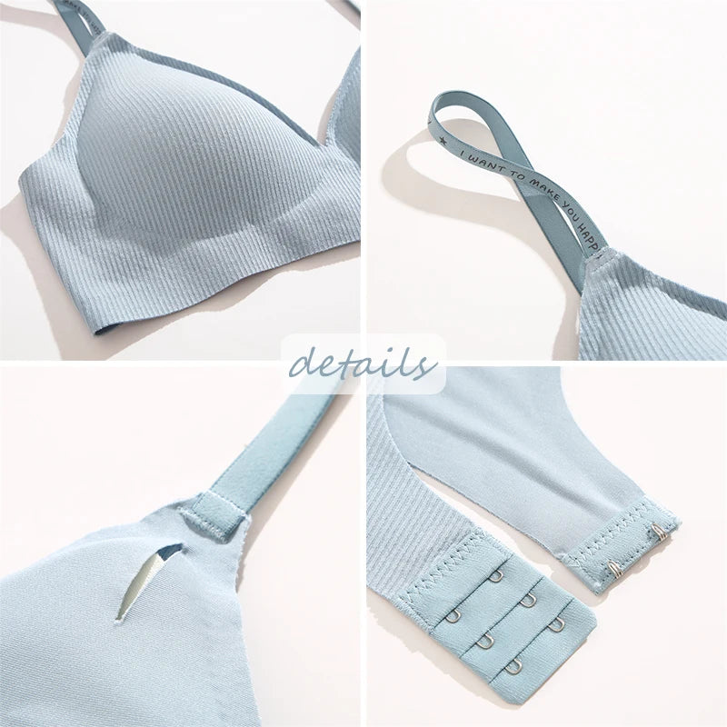 Women's 3/5Pcs/set Wireless Bra Deep V Padded Bralette Stripe Knitting Bras