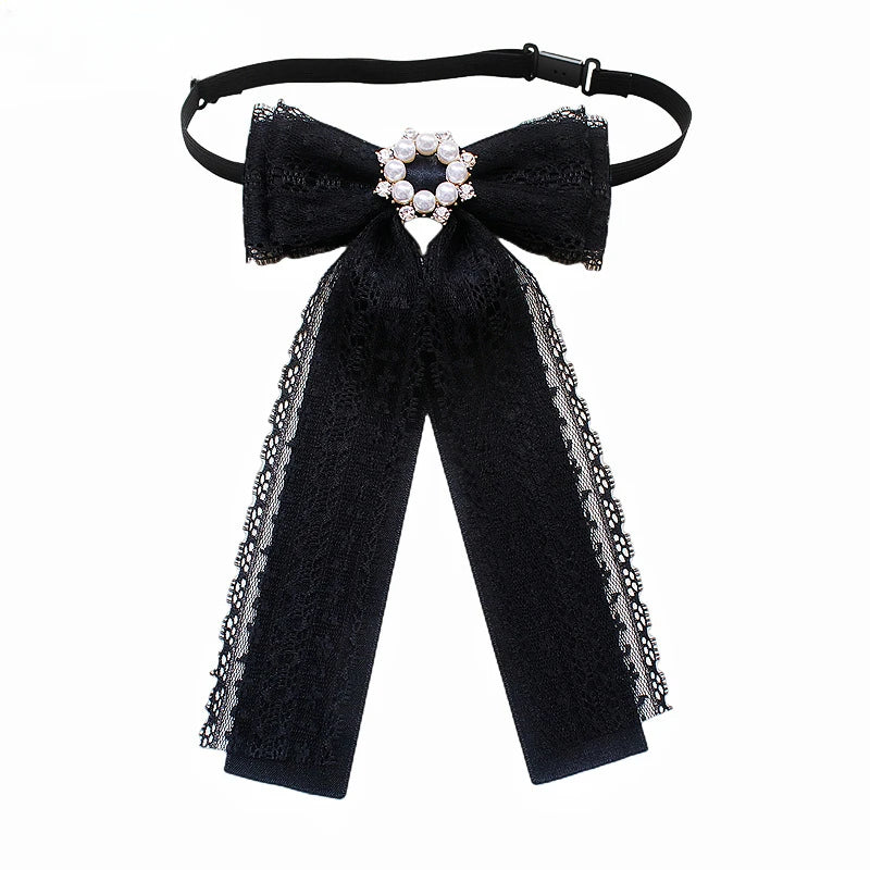 Black Fabric Bow Brooch - College Style Crystal Collar Pin
