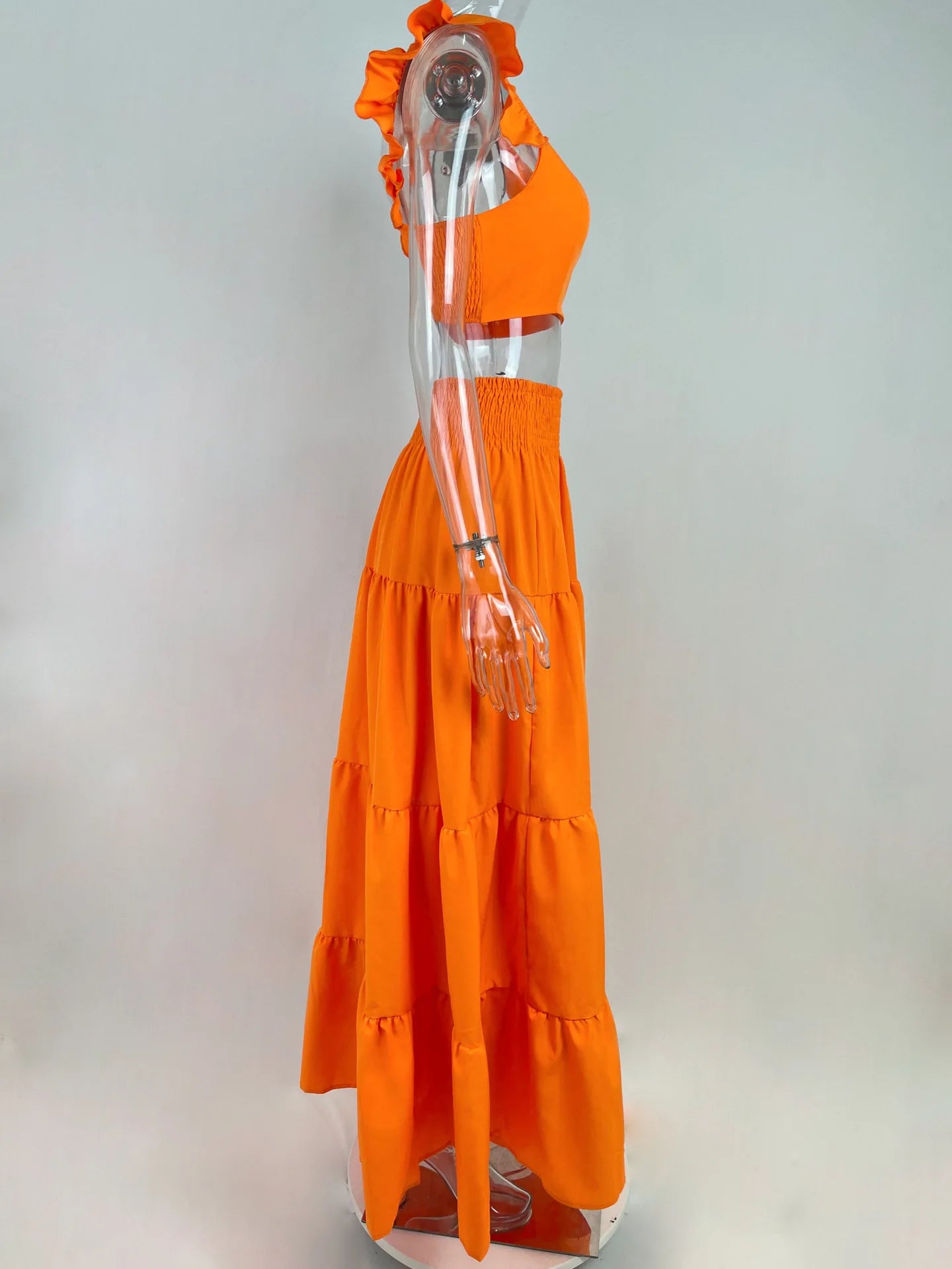 Women's Square Collar Flying Sleeve Ruched Crop Top & A-Line Ankle Skirt Set