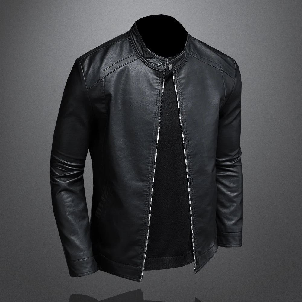 Men Stand Collar Slim Pu Leather Jacket