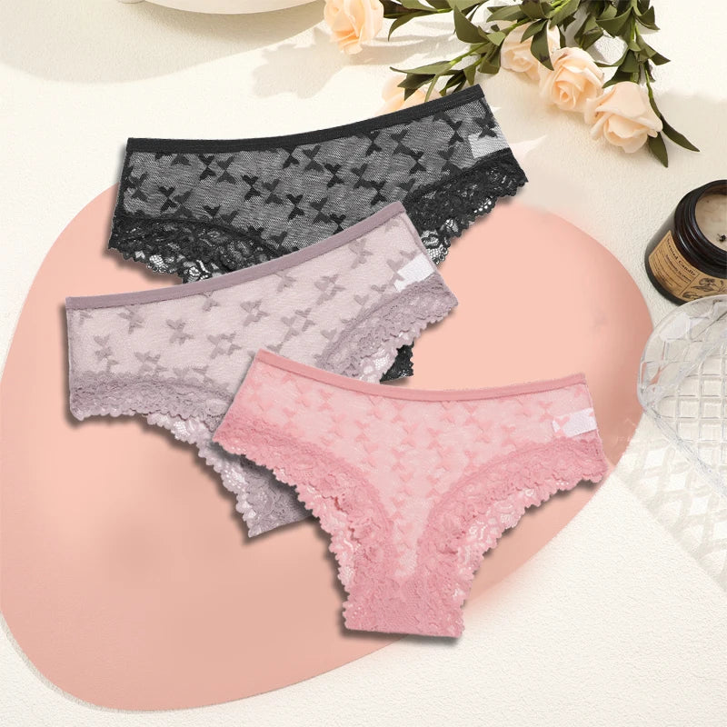 Women's Lace Underwear 3-Piece Set - Floral Hollow Out Briefs