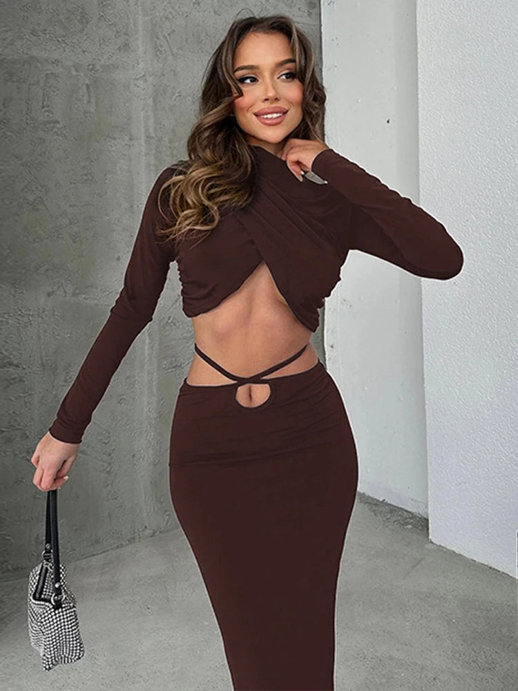 Women's Long Sleeve Crop Top Twist Ruched Slim Lace Up Navel Exposed Skirt Matching Set