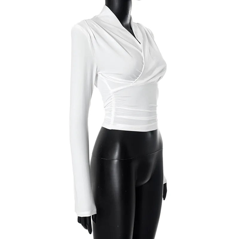 Women's Cross-Neck Slim Long Sleeve Elegant Ruched Top