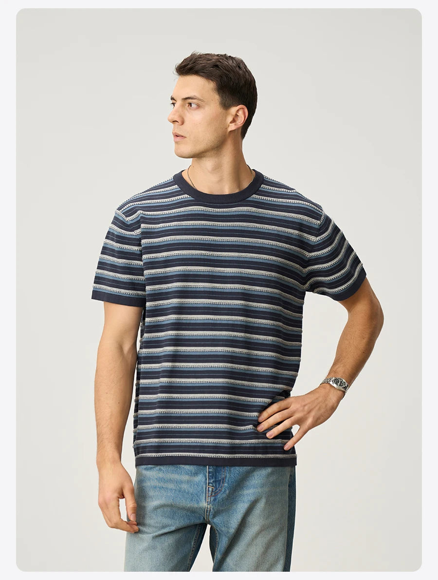 Men's Premium Knitted Striped T-Shirt - 14 Gauge Jacquard Regular Fit