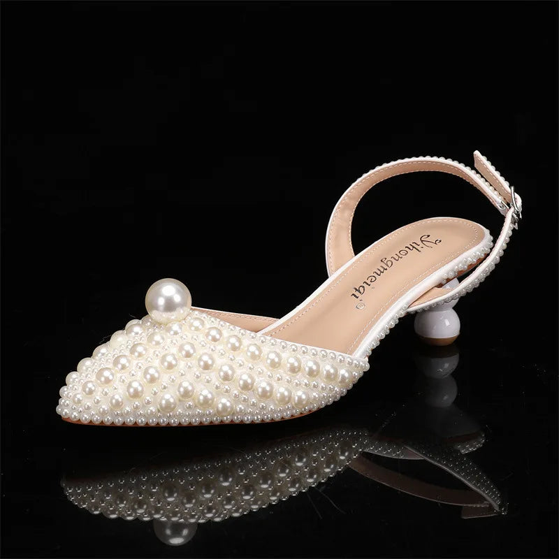 Women's 5cm Round Heel Shaped Heel Pearl Sandals