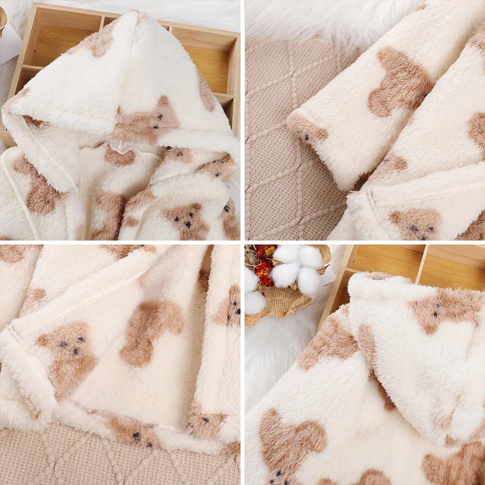 Children's Girl's Bear Print Faux Fur Fleece Coat with Bag