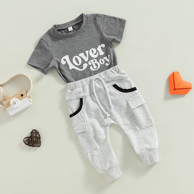 Valentine's Day Baby Boys Summer Outfit Set - Letter Print Grey T-Shirt & Pocket Pants (0-4Y)
