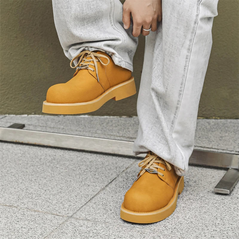 Men's Platform Leather Sneakers - Lace-Up Work Shoes