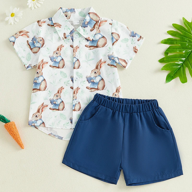 0-5Y Toddler Kids Boy's Easter Clothes Sets Rabbit/Carrot Print Short Sleeves T-Shirt and Elastic Shorts