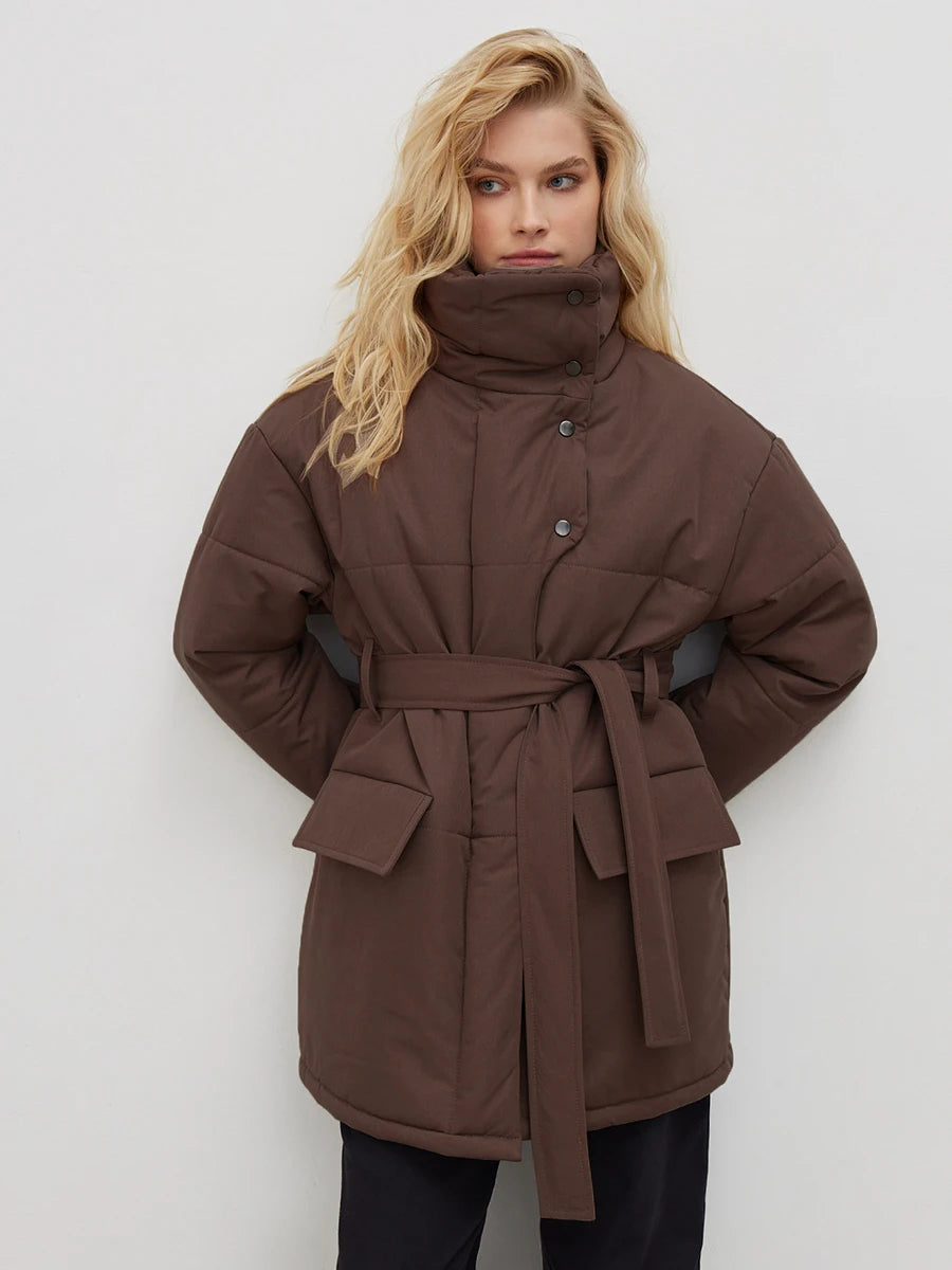 Women's Quilted Loose Parkas Coat Vintage Belted Puffer Jacket