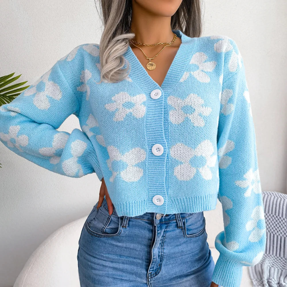 Women's Knitted Cardigan V Neck Single Breasted Sweater Flower Lantern Sleeve Jumper