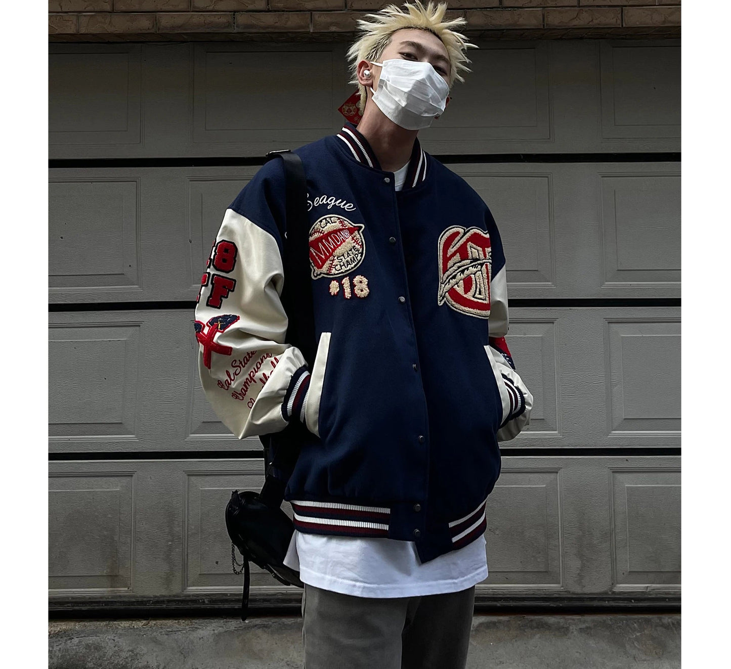 Men's Vintage Flocked Embroidery Patchwork Varsity PU Leather Sleeve Baseball Jacket