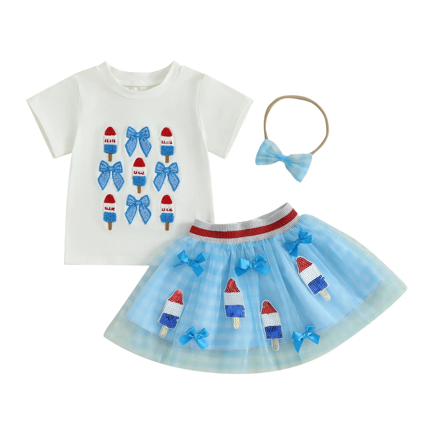 0-6Y Kids Girls American Flag Clothes Sets Bow Embroidery Short Sleeve T Shirt Mesh Lace Skirt Headband