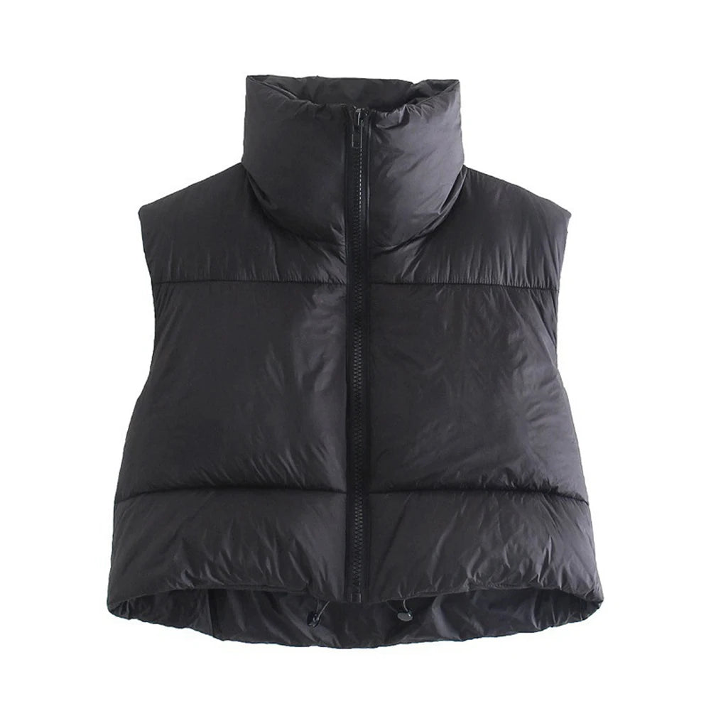 Women's Short Cotton Down Vest Short Stand-up Collar Warm Sleeveless Quilted Vest Jacket Top