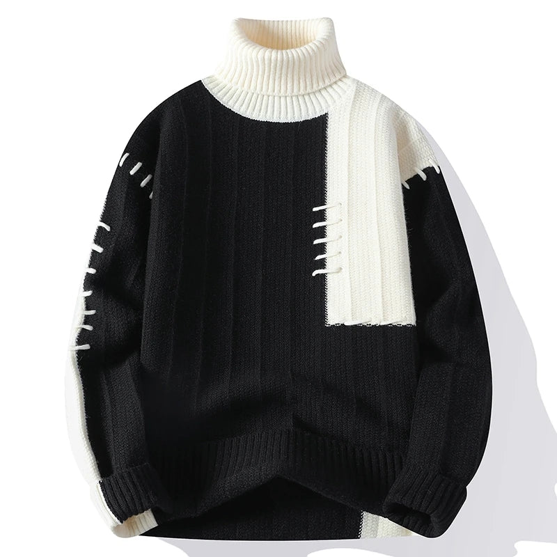 Men's Turtleneck Patchwork Casual Knit Pullover Loose Knitted Sweater