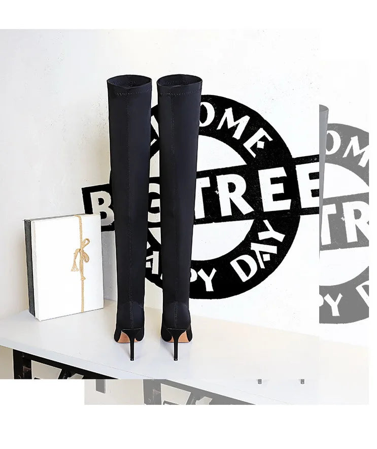 Satin Over-the-Knee Boots - Pointed Toe High Heel Elastic Autumn Winter Boots