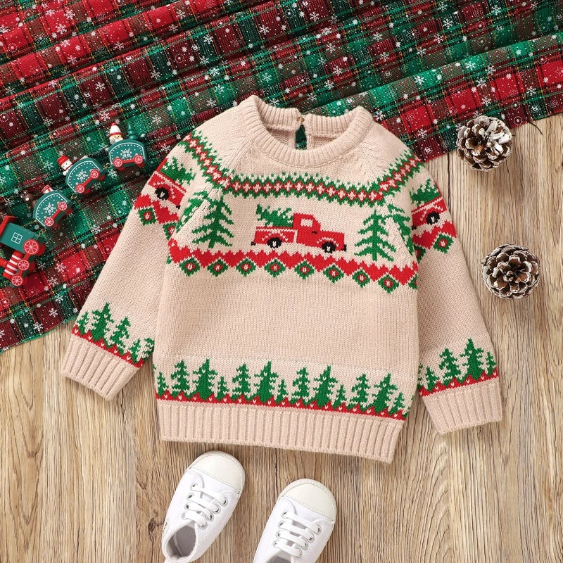 0-3Y Infant Baby Boys Christmas Sweaters Long Sleeve Round Neck Xmas Trees Embroidery Knit Pullovers Jumper Top