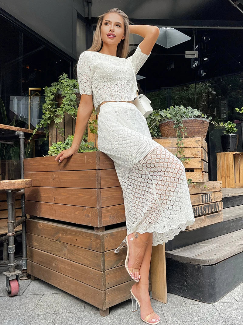 Women's Summer Hollow White Floral Knitted Two Piece Set