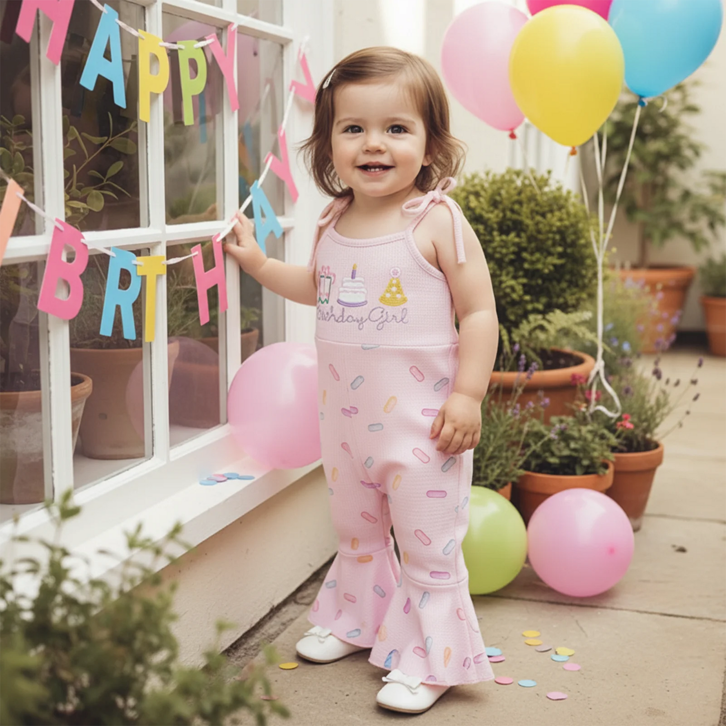 Toddler Girls Birthday Overalls Jumpsuit - Cake Embroidery Sleeveless Bell Bottom Flare Pants